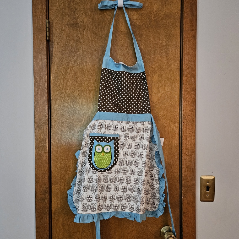 Owl Print Apron with Blue Accents